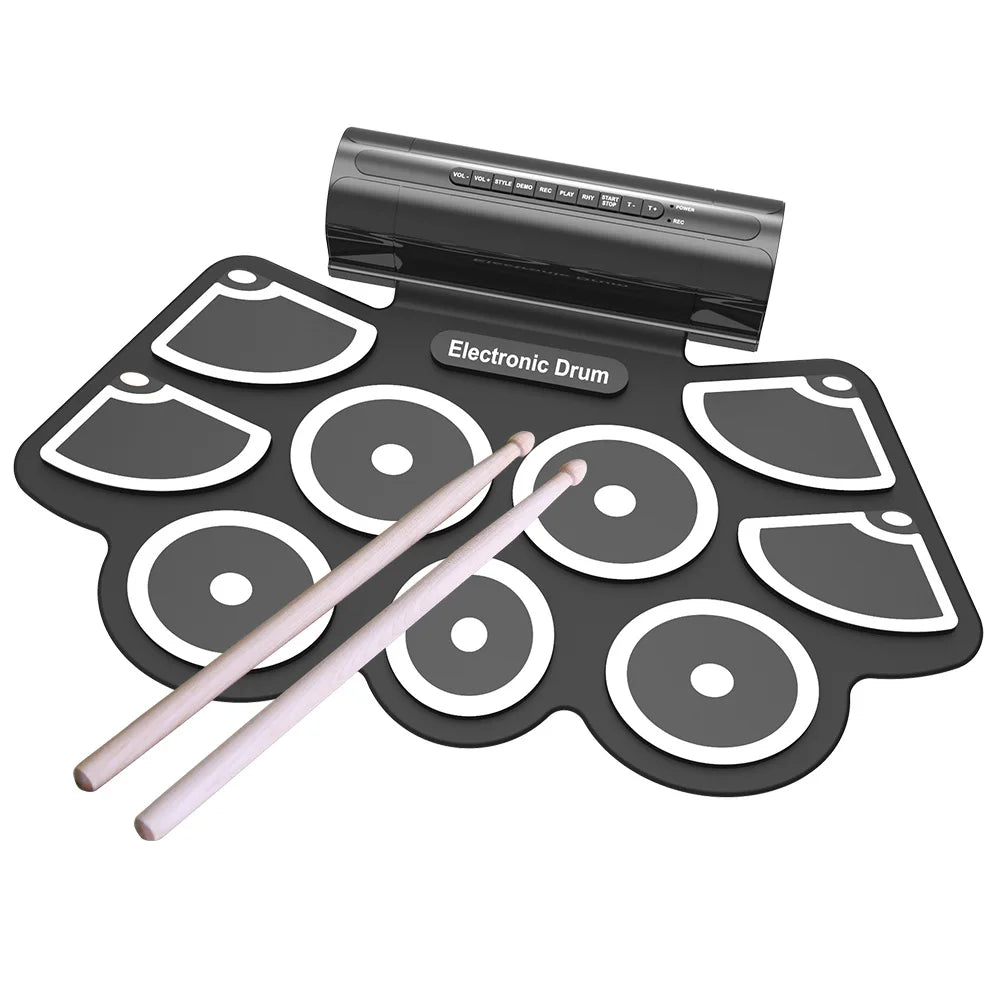 Konix Electric Drum Kit MD760 9 Practice Drum Pad Percussion Music Instrument Smart Hand Roll Drums Black+White Silicone Heads