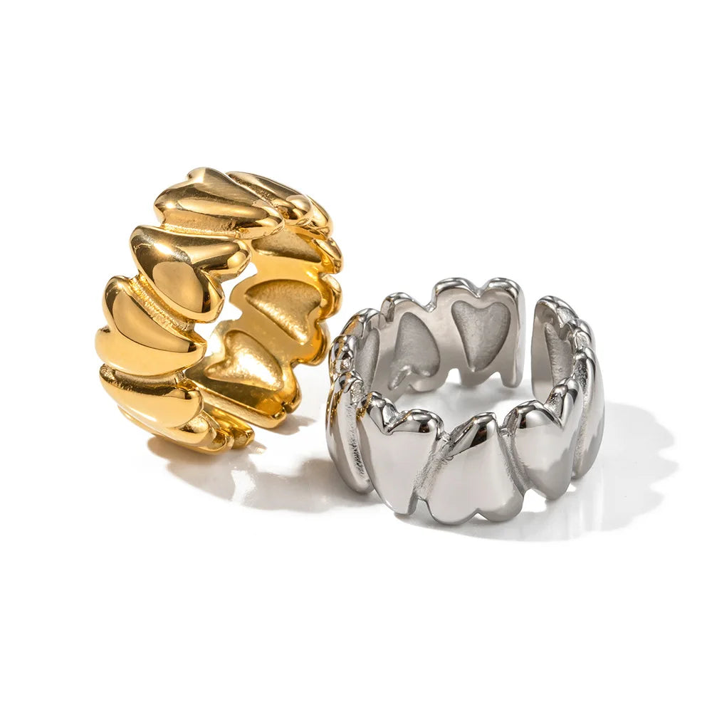 HOT Selling Lovely Heart Rings for Lady Tarnish Free Gold Plated Stainless Steel Heart Rings Open Size Wholesale Fashion Jewelry