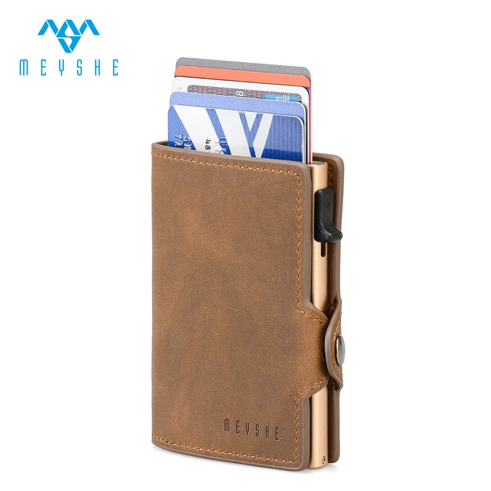 Factory Price Custom Brown PU Leather RFID Blocking Pop up Mini Metal Credit Card Holder Wallet for Men