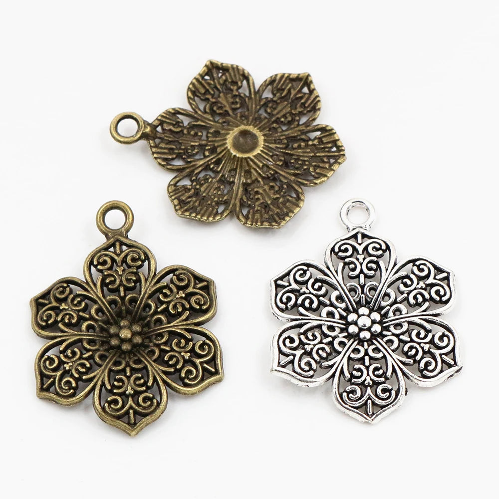 10pcs 32x24mm Antique Silver Plated  Bronze Metal Flower Charms Pendant:Handmade DIY Jewelry Findings for Bracelet Necklace