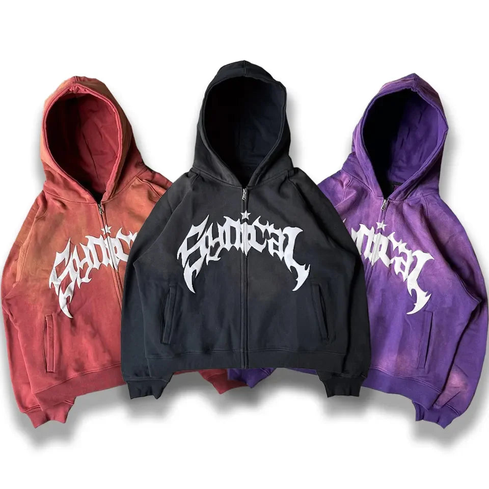 OEM Custom Heavyweight French Terry Zip Sweatshirt Oversized 100%Cotton Zip up Hoodie Acid Wash 3D Puff Printing Hoodies for Men
