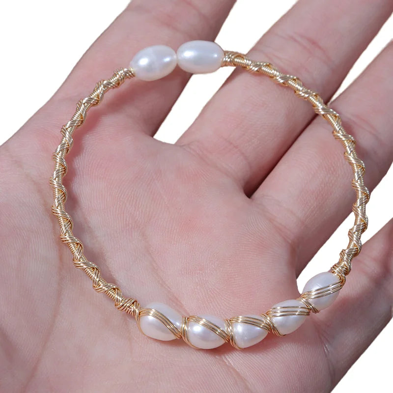 Wholesale Price 7-8mm Natural Freshwater Rice Bead Bracelet Gold Plated Adjustable Bangles for Wedding Gift OEM/ODM Jewelry