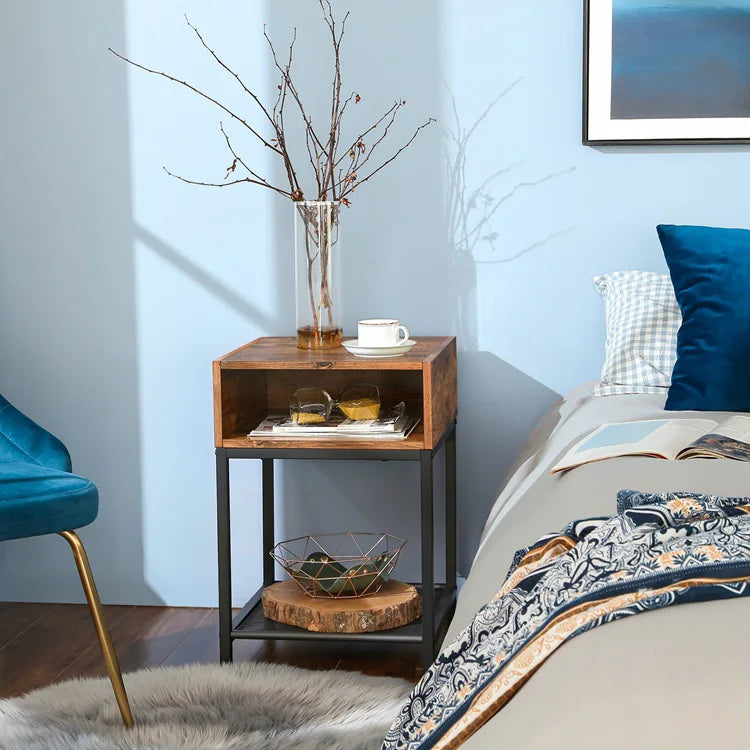 Nordic Modern 1-Piece Opening Wooden Veneer Side Table Metal End Table with Storage for Living Room Home Furniture