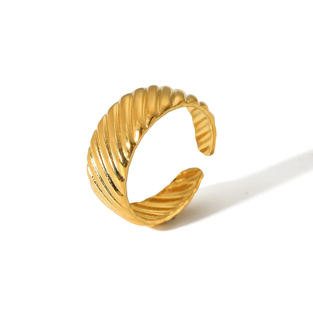 Minimalist Stainless Steel Gold Plated Simple Texture Open Rings Titanium Steel Wide Band Finger Ring for Women