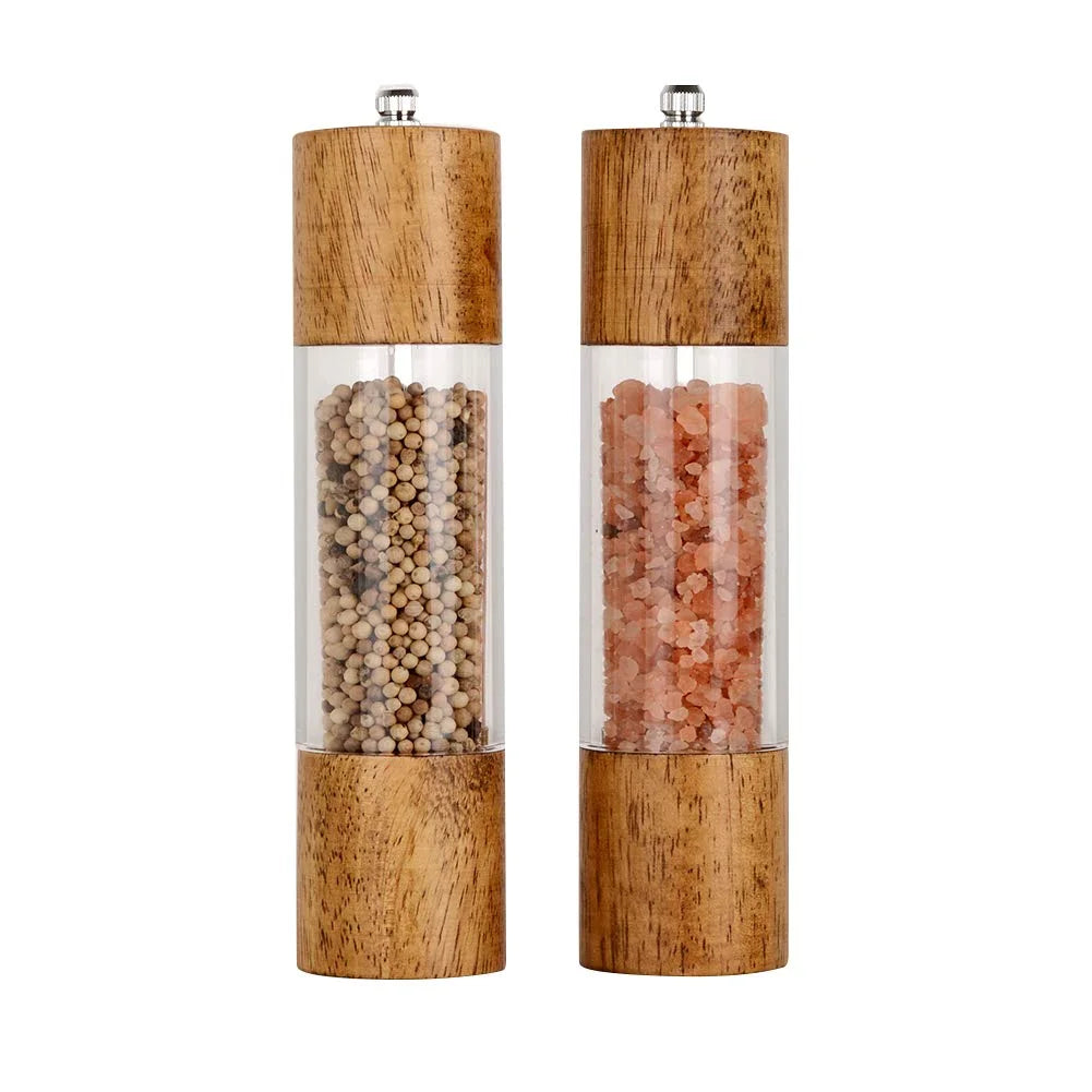 1Pack 8IN Acrylic Salt and Pepper Grinder Wooden Shakers with Adjustable Ceramic Core Wooden Pepper Grinder Mill for Kitchen