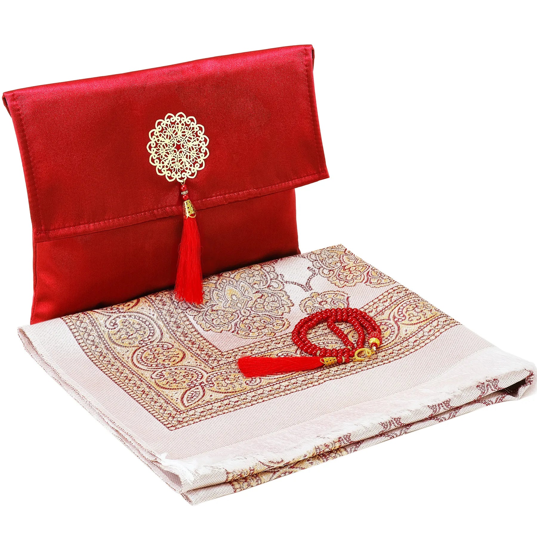 Portable Polyester Prayer Mat Rug with Beads Machine-Made Set in Satin Pouch Muslim Gift for Home Use