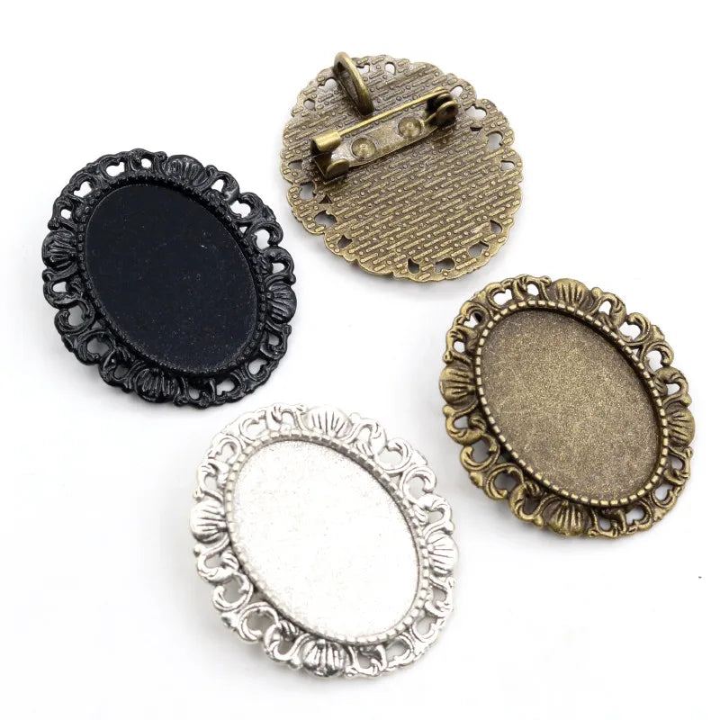 18x25mm Inner Size Antique Silver Plated Bronze Black Brooch Pin Classic Style Cameo Cabochon Base Setting