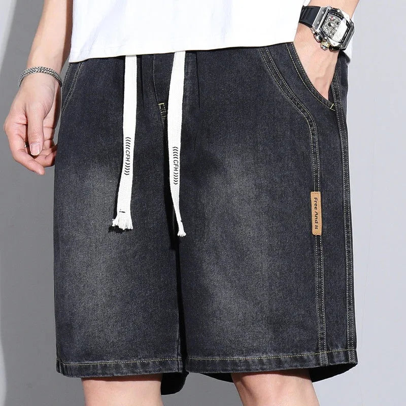 Men's Summer Retro Horse Pants New Japanese Style Loose Mid Waist Casual Shorts Straight Water Denim Washing Outer Wear Knitted