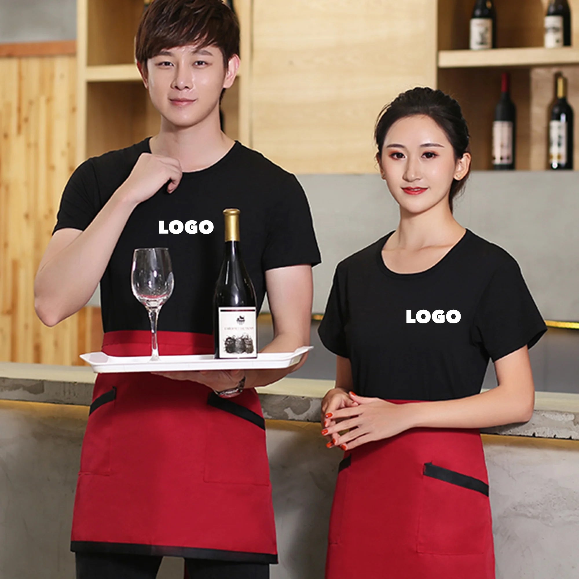 Custom Print Embroidery Personalised logo T Shirt Uniform for Waiters and Waitress Unisex Tshirt Restaurant Coffee Bar Uniform