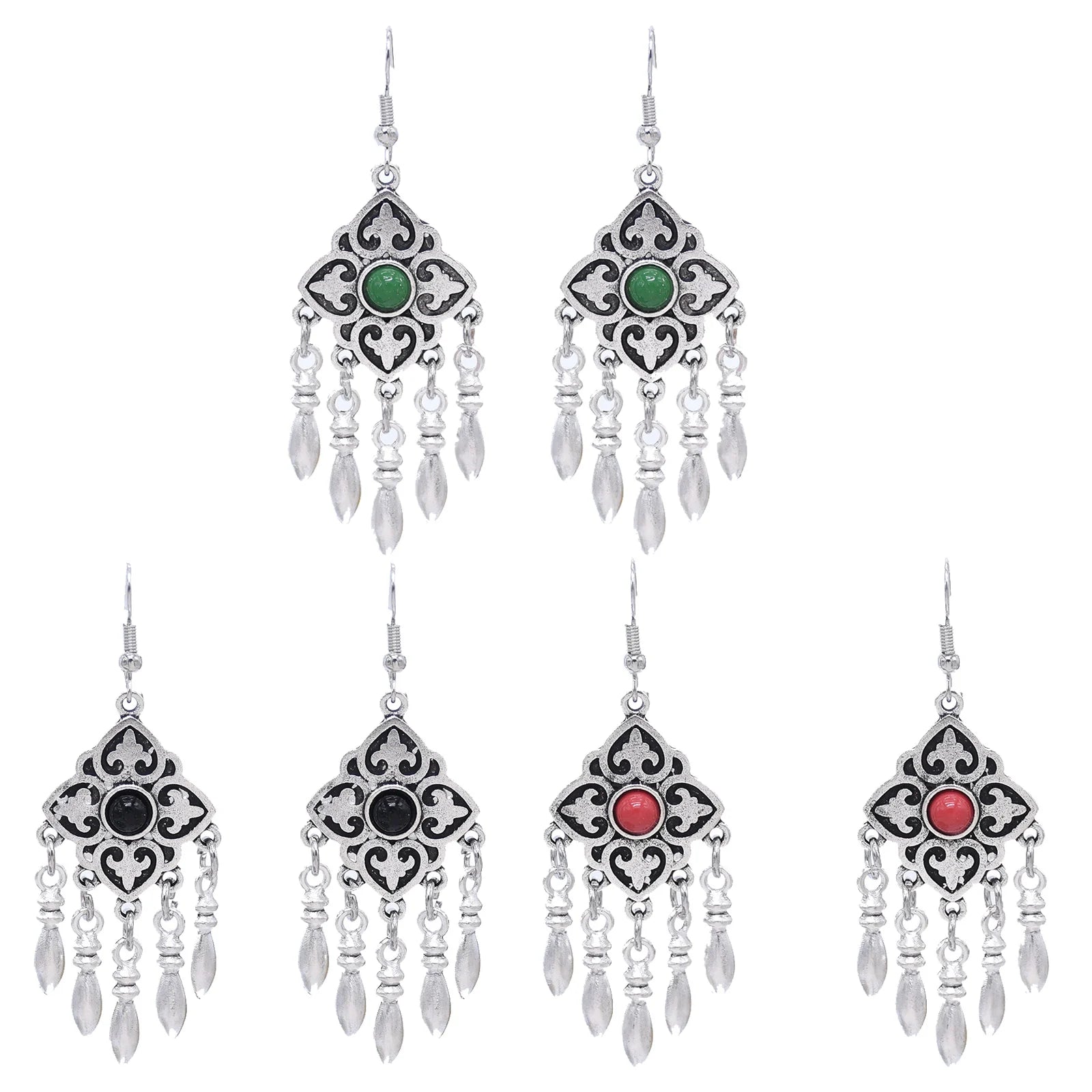 Kazakh Ethnic Earrings Red Black Green Color Dangle Earrings Metal Drop Tassel for Women Party Gift Jewelry