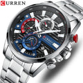 CURREN 8415 Men's Stainless Steel Quartz Watches Fashionable Stylish Sports Business Silver Strap Waterproof Chronograph Oval