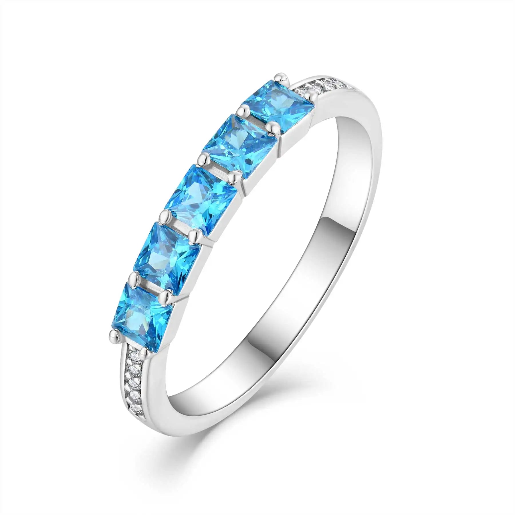 Fine Jewelry 925 Sterling Silver Statement Ring with Square Cut Blue Cubic Zirconia Gemstones
