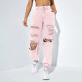 Women's Light Pink High Waist 100% Cotton Ripped Jeans Straight Streetwear Casual Summer Denim Cuffed Pants Breathable Simple
