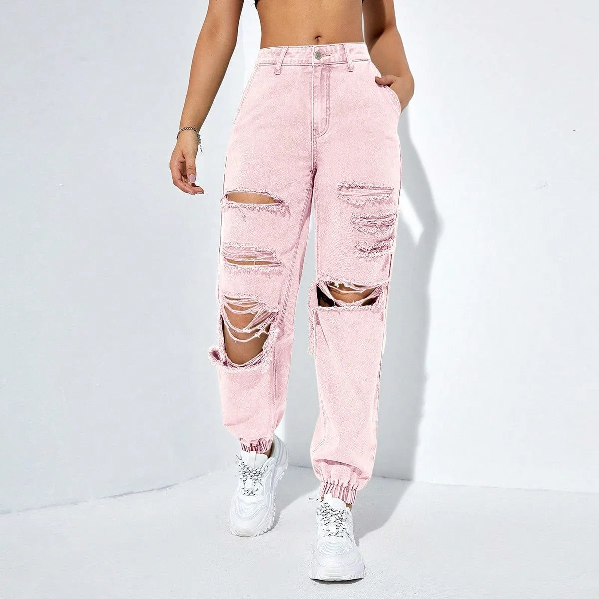 Women's Light Pink High Waist 100% Cotton Ripped Jeans Straight Streetwear Casual Summer Denim Cuffed Pants Breathable Simple