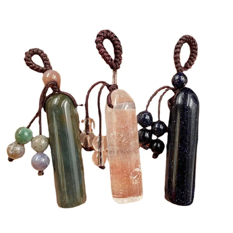 Natural Crystal Cylinder Pendant Keychain Good LuckyCube Gemstone Woven Friendship Charms for Women Men Bags