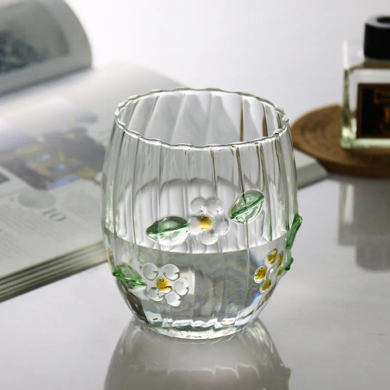 Heat Resistant 3d Flower Vertical Single Layer Milk Glass Cup Creative Transparent Hot and Colf Glass Water Cup