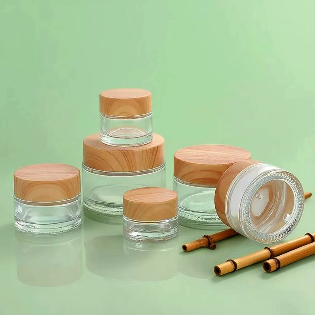 Empty Glass Jar for Cream 5-100g Cosmetic Container Wooden Grain Lid for Skincare Eye Cream/Face Cream Moisturizer Storage
