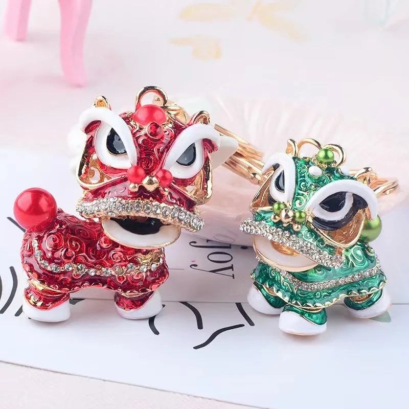 Mini Lion Dance Kirin Car Keychain Chinese Festival Lucky New Year Gift Colorful Rotating Lion Head Pendant Keyring