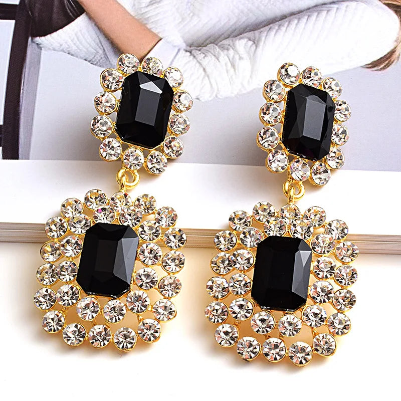 Sparkly Black square Gemstone Earrings Party Jewelry Women Statement Rhinestone Chandelier Earrings