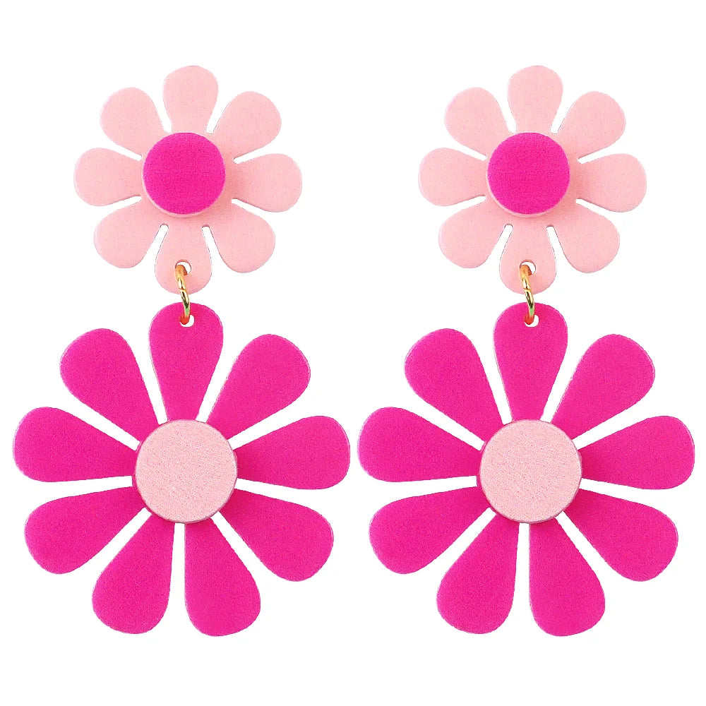 Wholesale Sweet Girl Two Flowers Acrylic Earrings Sunflower Candy Colored Resin Accessories Pink Drop Earrings Gift for Children