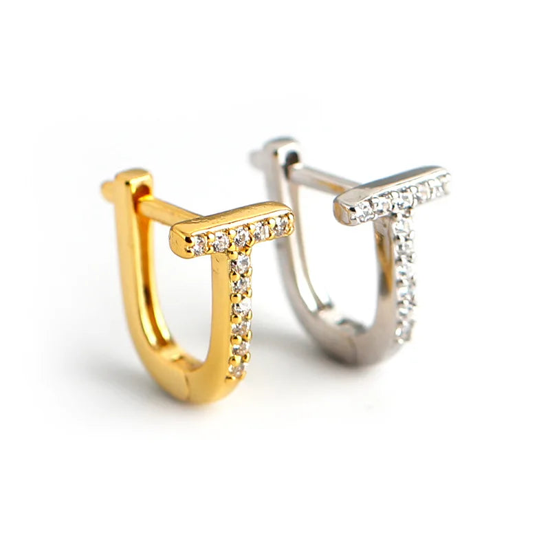 Women 925 Sterling Silver T Shaped Huggie Earrings With Diamond Gold Plated Hoop Earrings Fine Jewelry