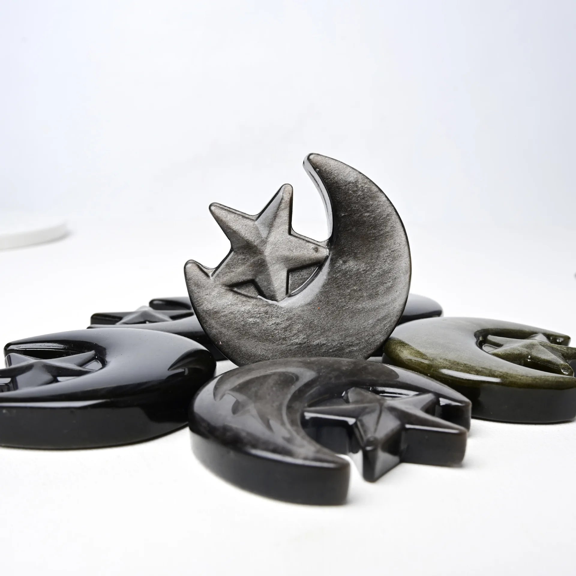 Wholesale Customizable Silver and Golden Obsidian with Star Moon Design Feng Shui Stone Crafts for Home Decoration