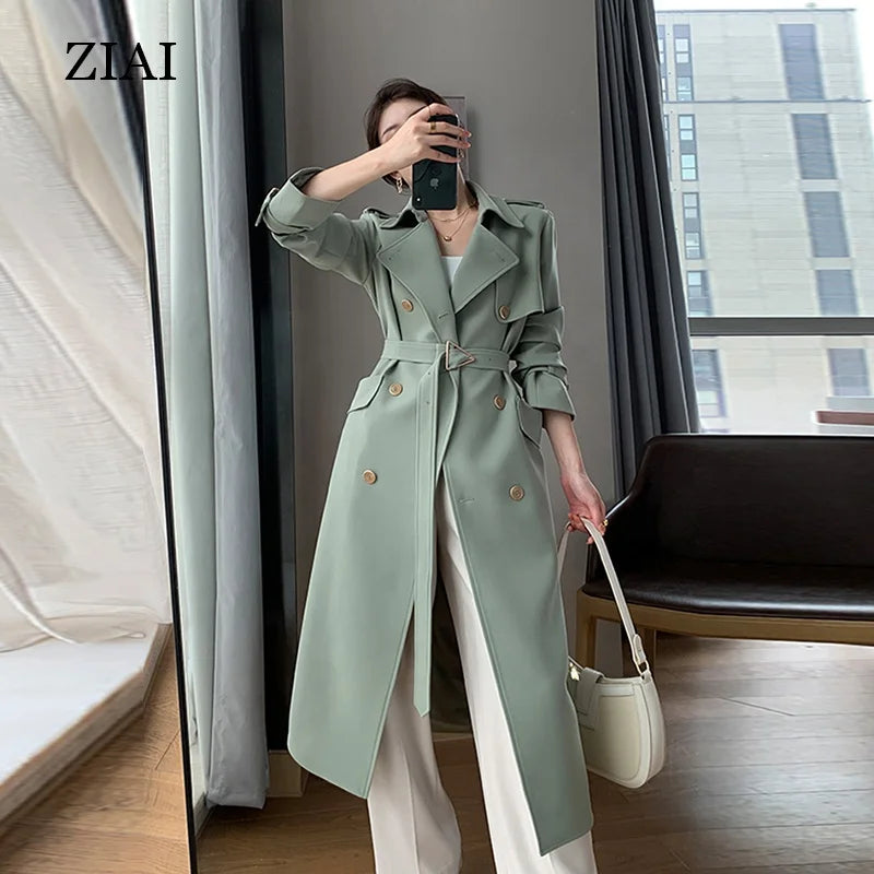 Customized Green Windbreaker Women's Spring New High-end Atmosphere Mid-length Over-the-knee Coat Jacket
