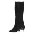 Trendy Black High Heel Knee High Boots With Fringe Womens Long Tall Boot Ladies Winter Shoes