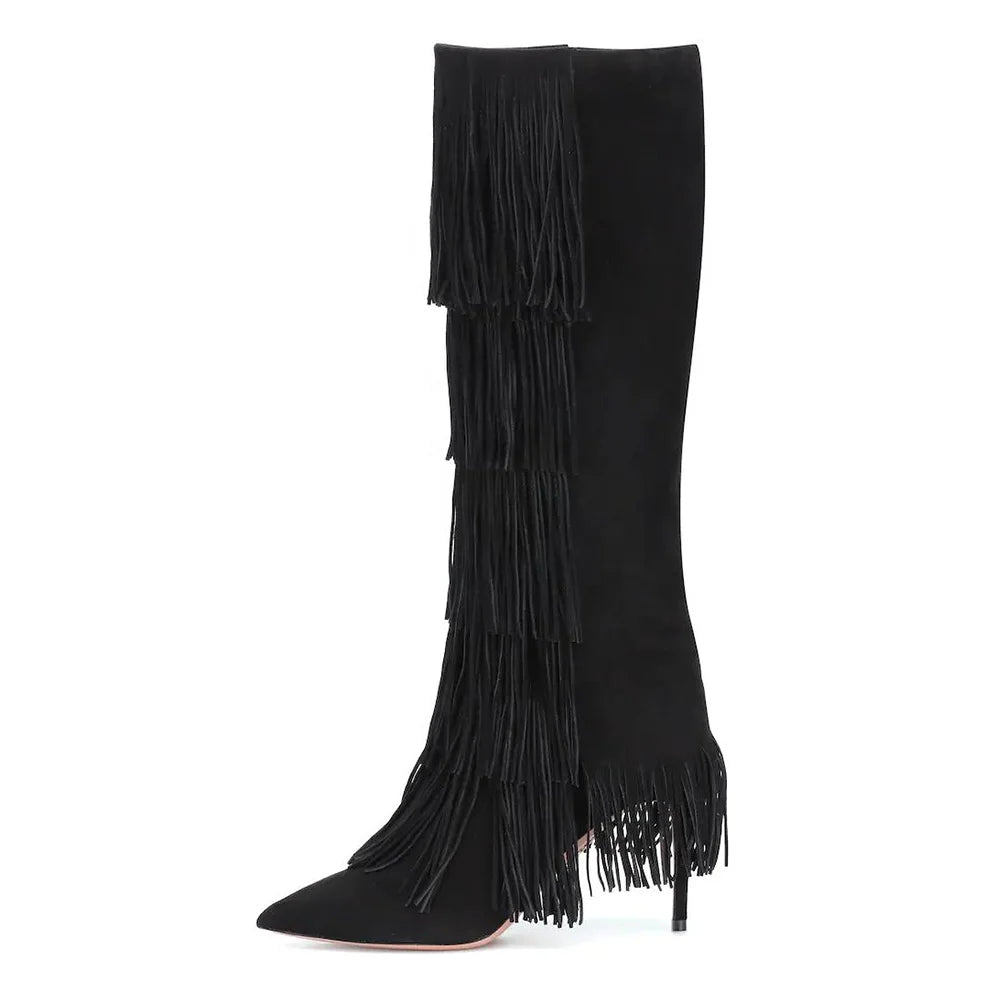 Trendy Black High Heel Knee High Boots With Fringe Womens Long Tall Boot Ladies Winter Shoes