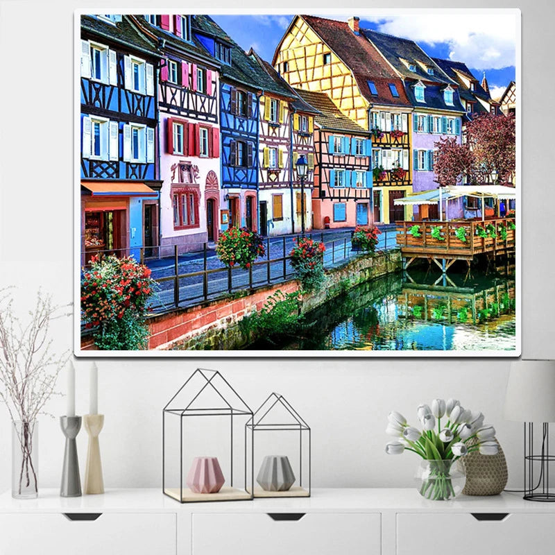 5D AB Diamond Painting Scenery Landscape Water City Round Full Drill Painting Canvas Wall Decor Embroidery Accessory Gifts Kits
