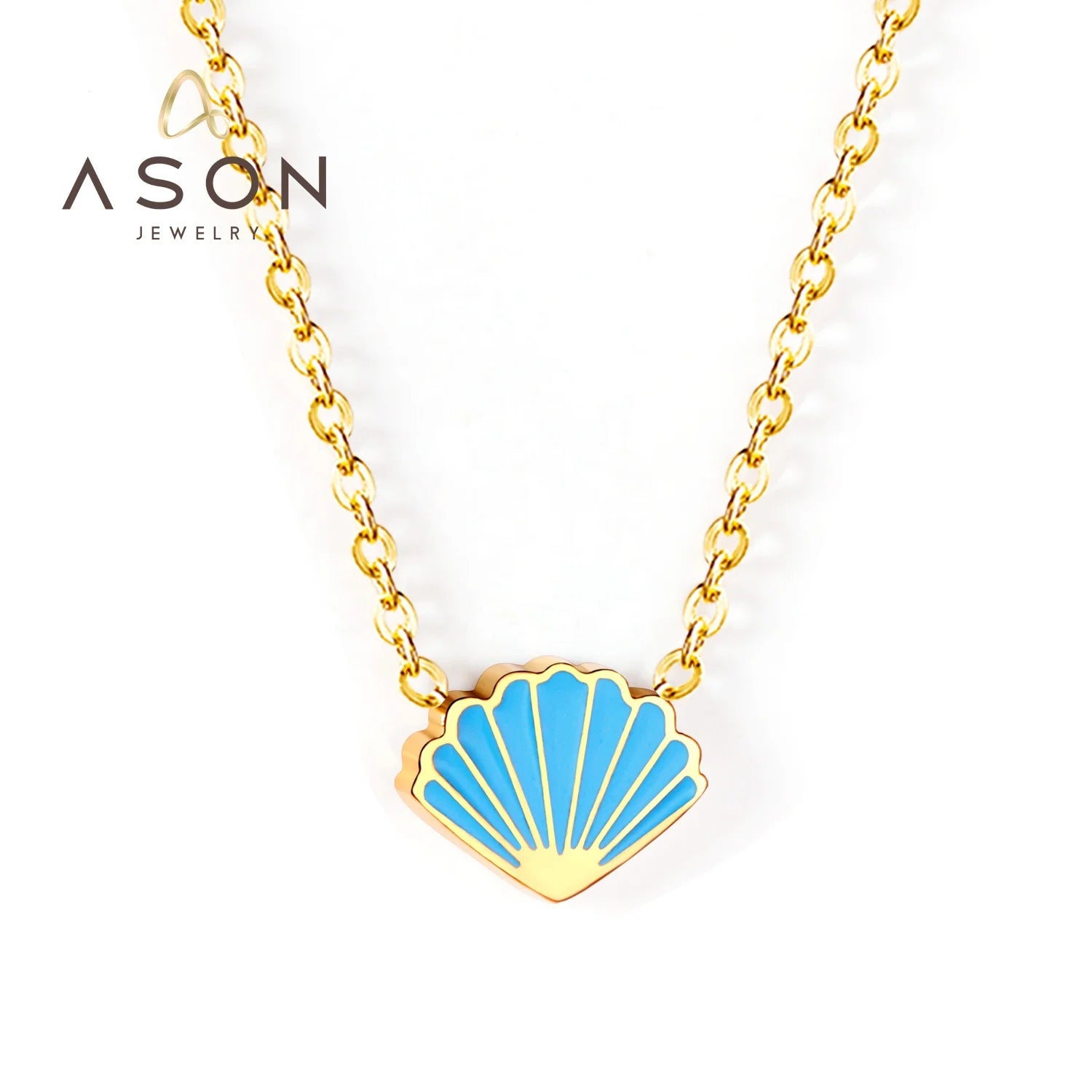 Ason Fashion Jewelry Stainless Steel Personalised Blue Seashell Chain Necklace 18k Gold Plated Charm Pendant Cute Shell Necklace