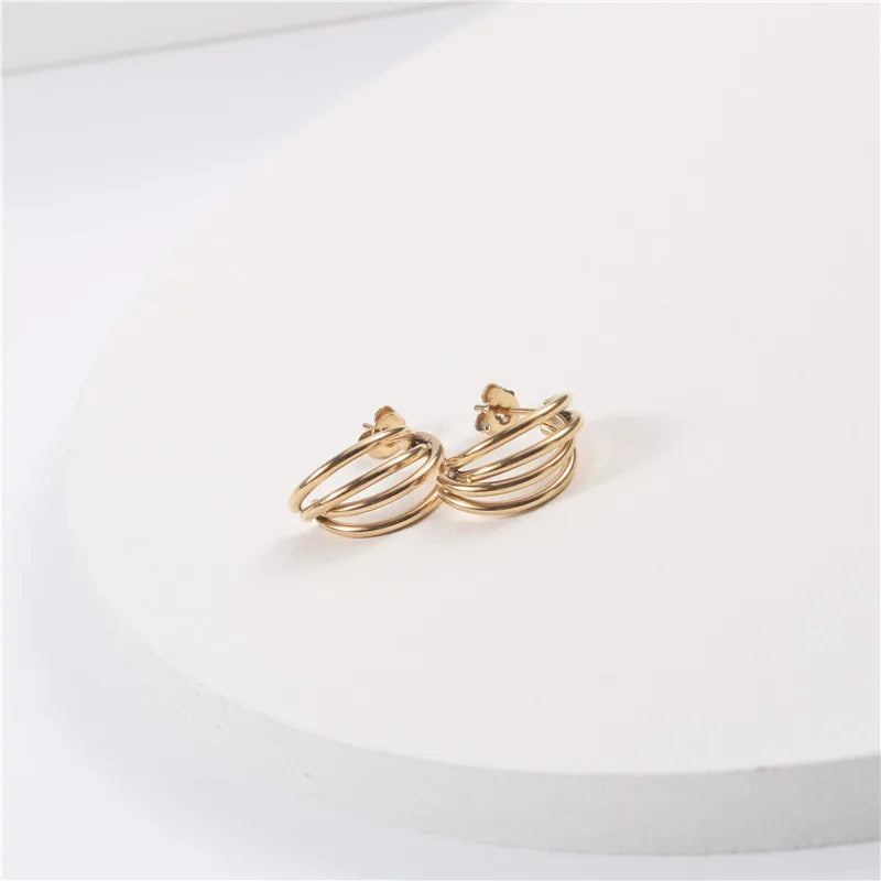 Classic Women Stainless Steel 4 Layer C Chape Hoop Stub Earrings