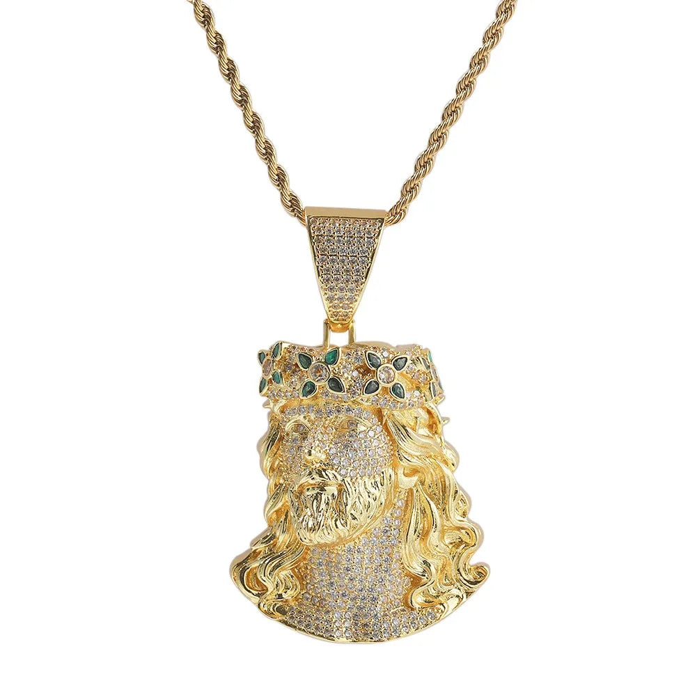 Hip Hop Brass Inlaid Zircon Rope Chain Portrait Pendant Fashionable and Trendy Men's Personalized Necklace Accessories