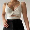 White Summer Deep V Neck Design Hollow Navel Vest Top Women Fashion Sexy Crop Top