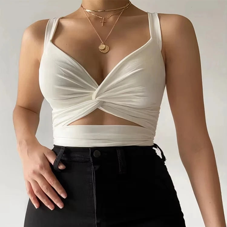 White Summer Deep V Neck Design Hollow Navel Vest Top Women Fashion Sexy Crop Top