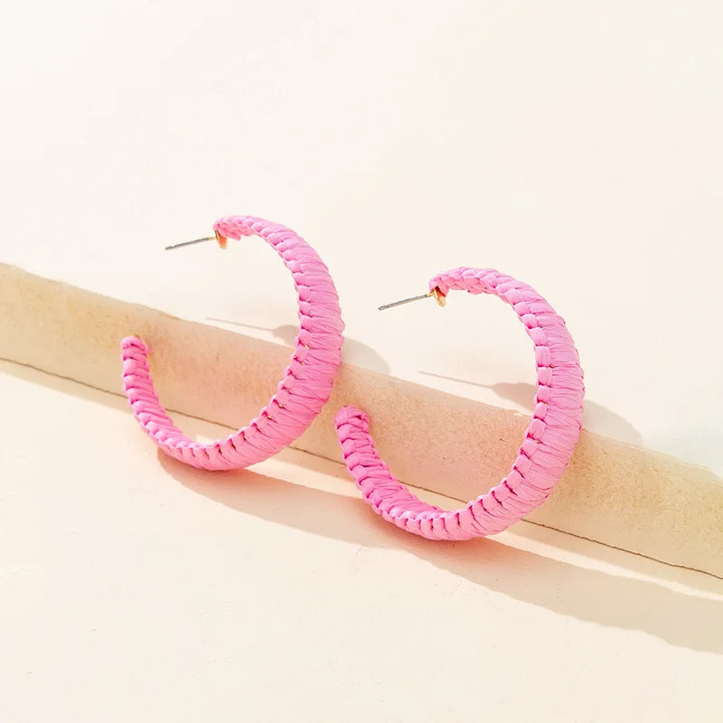 Manufacturers Wholesale Rattan Big Hoop Earrings Handmade Woven Bohemian Hoop Big Raffia Thread Earrings Custom