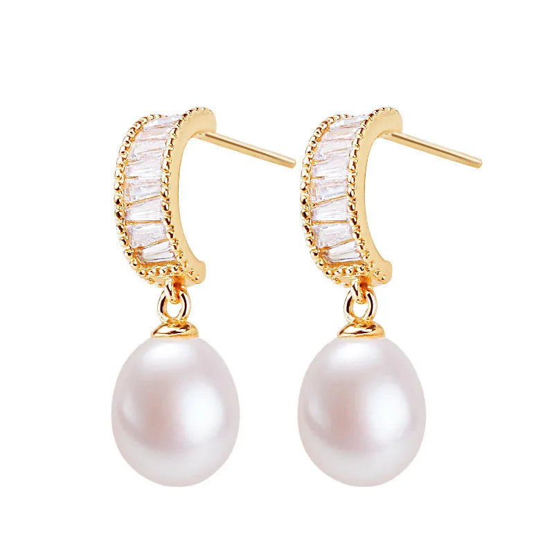 Wholesale Crystal Zircon White Real Freshwater Pearl Earrings Fashion Jewelry for Women