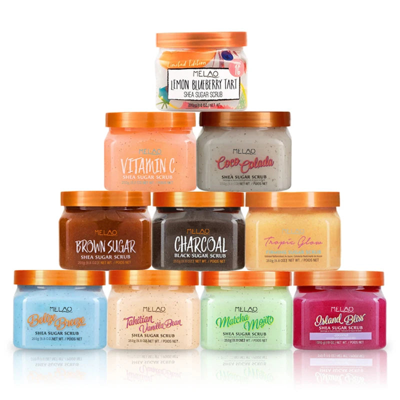 MELAO Natural Exfoliating Whitening Moisturizing Whipped Bodyscrub Wholesale Fruit Face Body Sugar Scrub Spa Body Scrub Organic