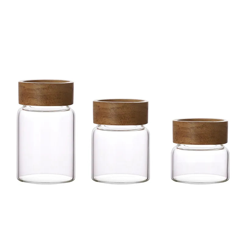 120ml Small Leak Proof Rubber Gasket Lid Borosilicate Glass Storage Container with Screw Acacia Wood Lid