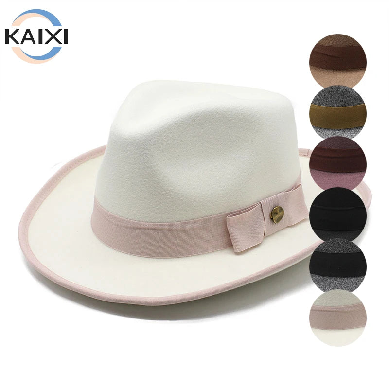 European American Style Retro Woolen Jazz Fedora Hat Large Brim Bow Monochrome Satin for Casual Outdoor Party Sports Monochrome