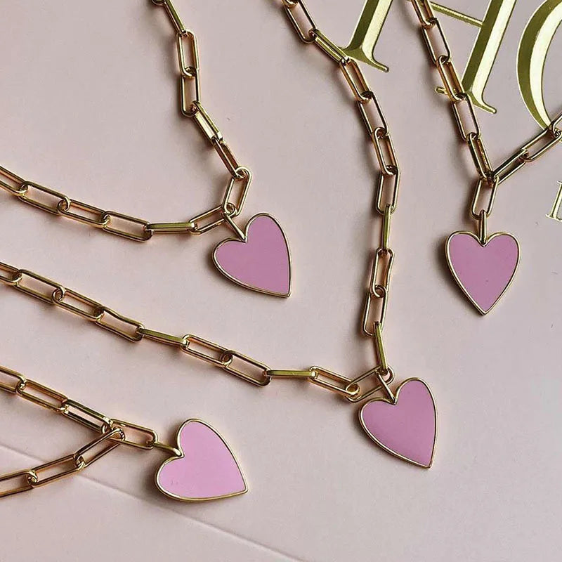 Joolim Jewelry 18K Gold Plated Pink Heart Pendant Paper Pin Chain Sweater Necklace Stainless Steel Jewelry Wholesale