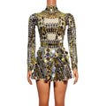 Sparkly Gold Sequin Bodysuit Mini Skirts 2 Piece Set Women Dancer Festival Outfit Show Performance Wear Party Club a Line Dress