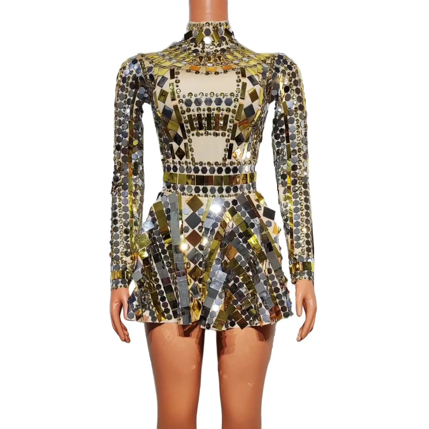 Sparkly Gold Sequin Bodysuit Mini Skirts 2 Piece Set Women Dancer Festival Outfit Show Performance Wear Party Club a Line Dress