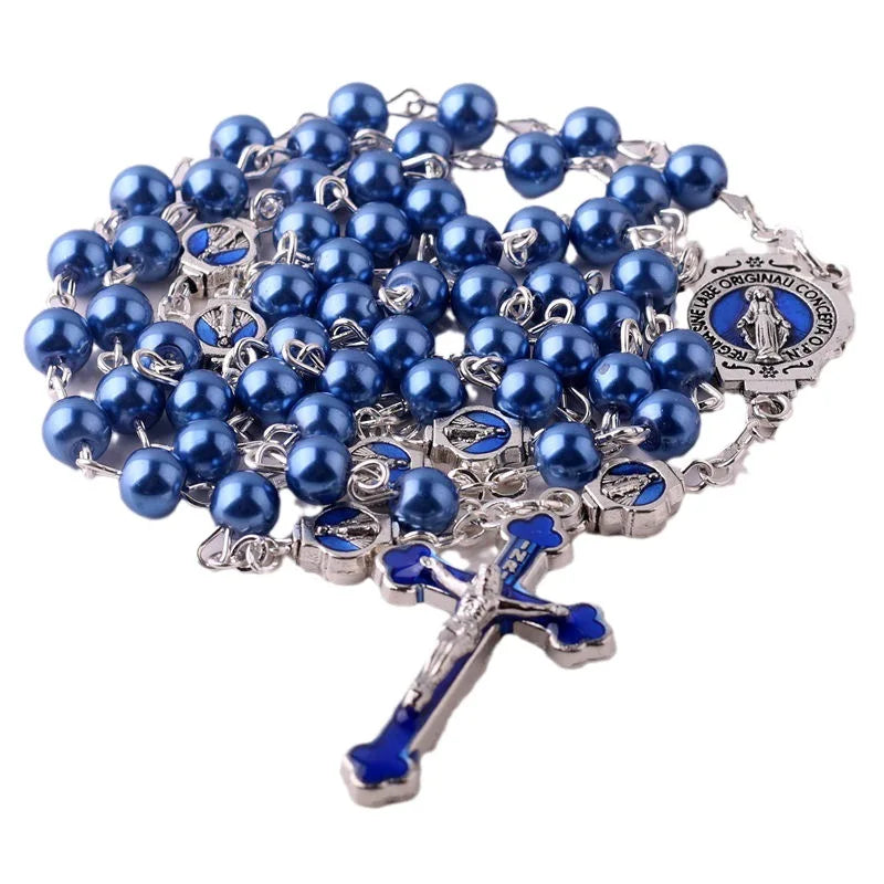 Rosary Necklace Catholic and Christian Symbols Crucifix Pendant Vintage Royal Blue Beads Alloy Rosary Beaded Necklace