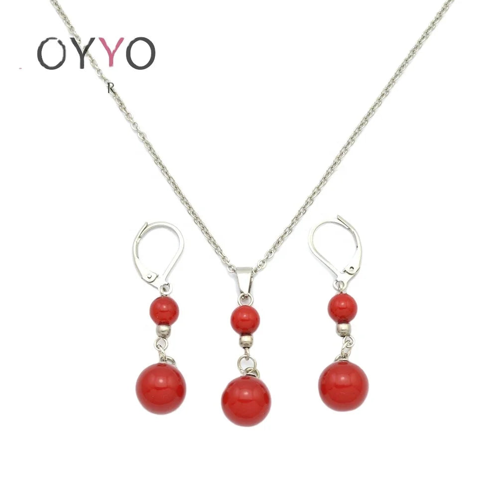 Wholesale Trendy Luxury Bridal Anniversary Stainless Steel Red Pearl Link Chain Necklace Set