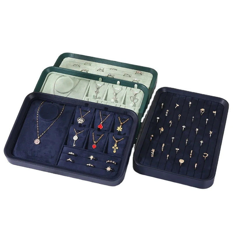 Luxury PU Leather Jewelry Display Tray Blue and Green Suede Chamois Tray Rings Earrings Necklaces Bracelets Bangles Storage