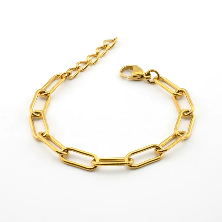 Minimalist 18K Gold Filled Large Paperclip Layering Stacking Chain Stainless Steel Jewelry Paperclip Linked Chain Bracelet Men