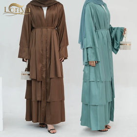 2024 High Quality Satin Silk Open Abaya EID Dubai Abaya Islamic Clothing Women Muslim Dress 3 Layers Modest Dress