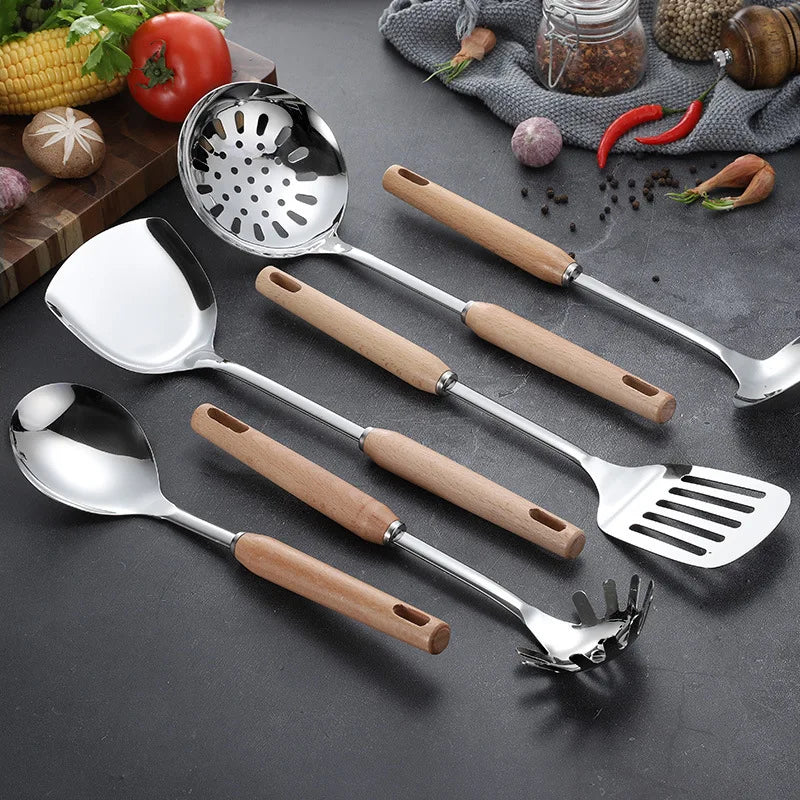 Stainless Steel Spatula Soup Spoon Retro Beech Wood Frying Leaky Spoon Italian Pasta Vegetable Stir Fry Scoop Kitchenware Set