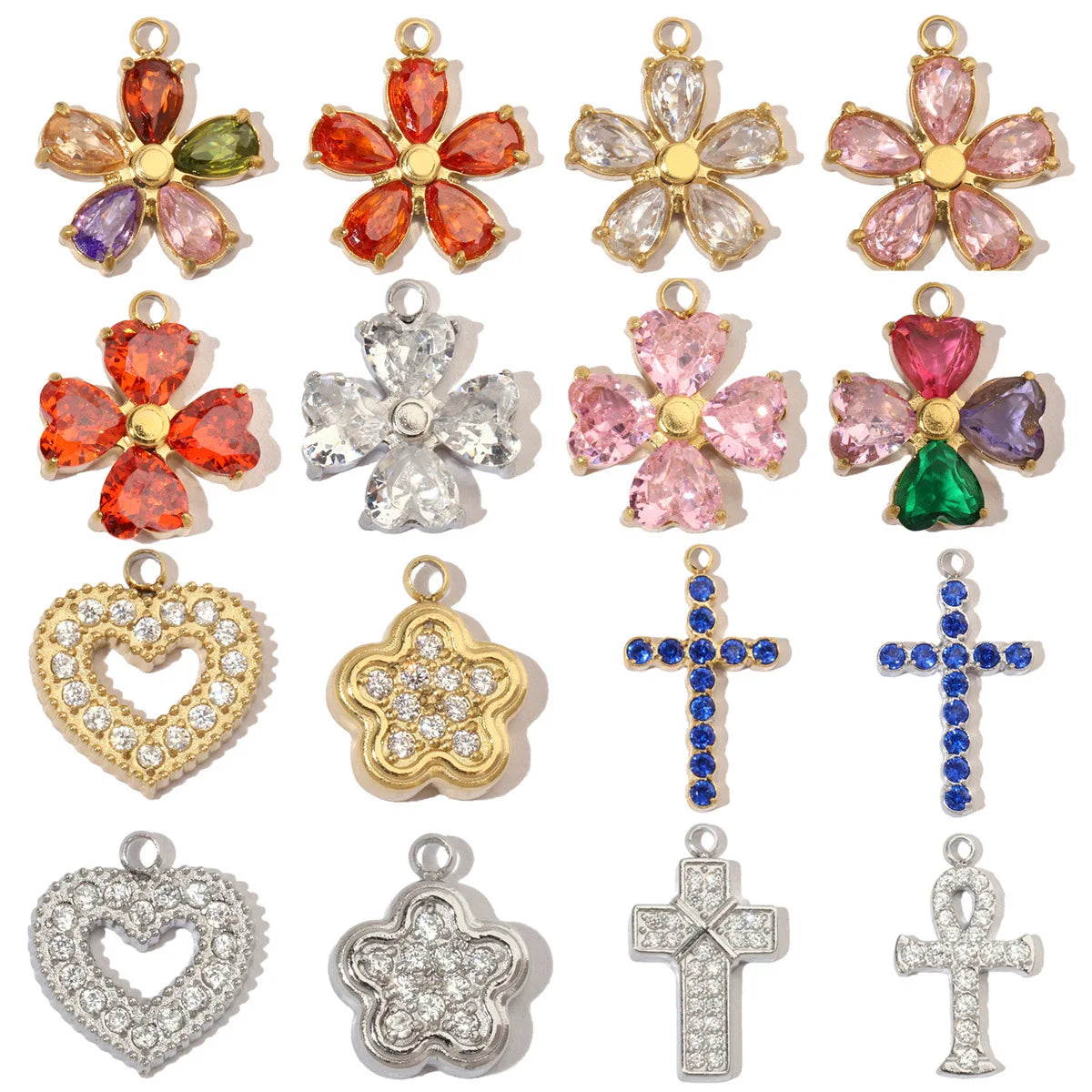 Beimai OEM Charms for Jewelry Making Zircon Heart Four Leaf Clover Cross Stainless Steel DIY Pendant Accessories